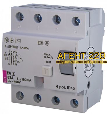 УЗО (диф. реле) EFI-4 63/0,1 тип AC (10kA)