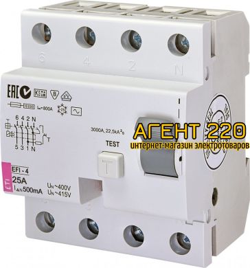 УЗО (диф. реле) EFI-4 25/0,5 тип AC (10kA)