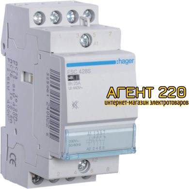 Контактор безшумный ESC428S, 25A, 3НО+1НЗ, 230В, Hager