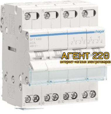 Переключатель I-0-II SFT440, 4п. 40А/400В, общий выход сверху, Hager